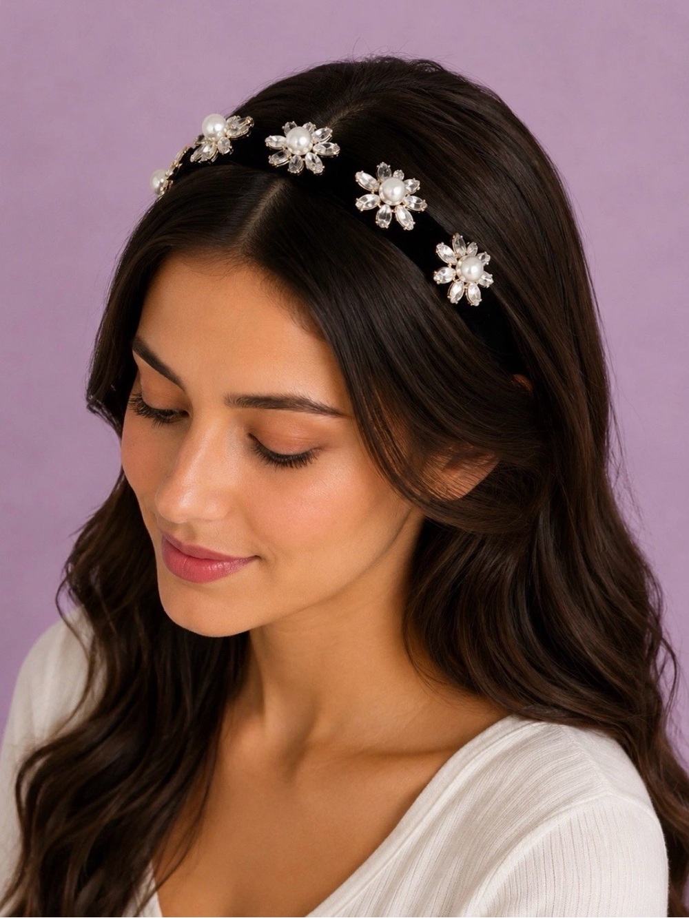 Pearl & Crystal Floral Headband - Black